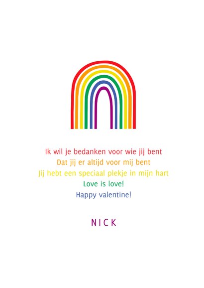 Valentijnskaart love is love regenboogkleuren 3