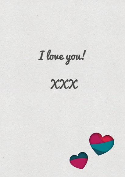 Valentijnskaart met paper cutout hart in roze en petrol 3