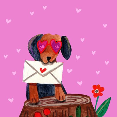 Valentijnskaart teckel hond met roze hartjes bril 2