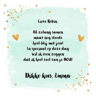 Valentijnskaart waterverf mintgroen goud hartjes 3