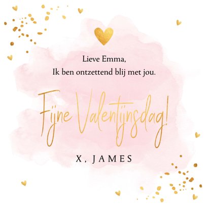 Valentijnskaart waterverf roze typografie goudlook confetti 3
