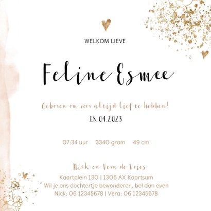 Velvet look roze geboortekaartje meisje watercolor goudlook 3