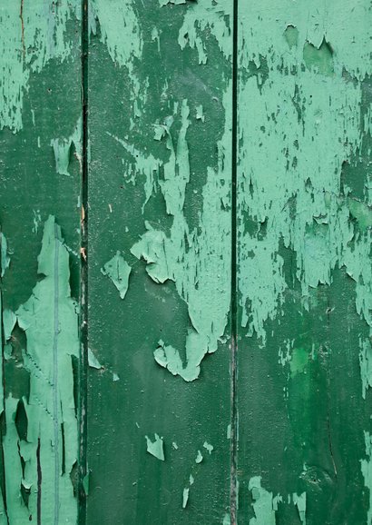 Verhuiskaart huis hout met oude groene verf, foto en hartje Achterkant