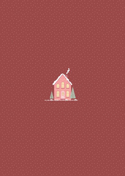 Verhuiskaart kerst rood met roze huisje en sneeuw Achterkant
