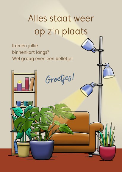 Verhuiskaart met diverse planten en lamp en dozen 3