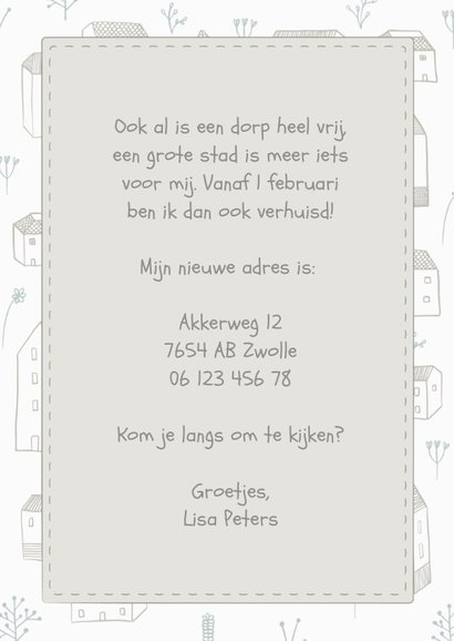 Verhuiskaart met huisjes, bloemetjes en een label 3