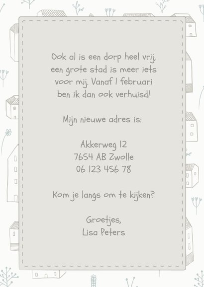 Verhuiskaart met huisjes, bloemetjes en een label 3