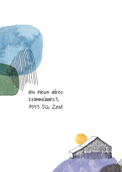 Verhuiskaart met verfvlekken en huis 2