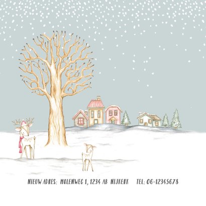 Verhuiskaart winterlandschap met huisjes en hertjes 2