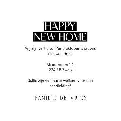 Verhuiskaartje happy new home wit met zwart en hartje 3