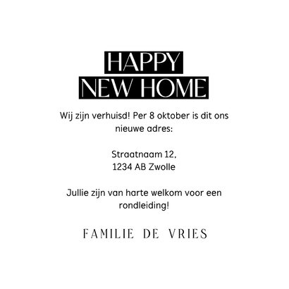 Verhuiskaartje happy new home wit met zwart en hartje 3
