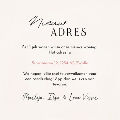 Verhuiskaartje lijntekening handen sleutels nieuw adres 3