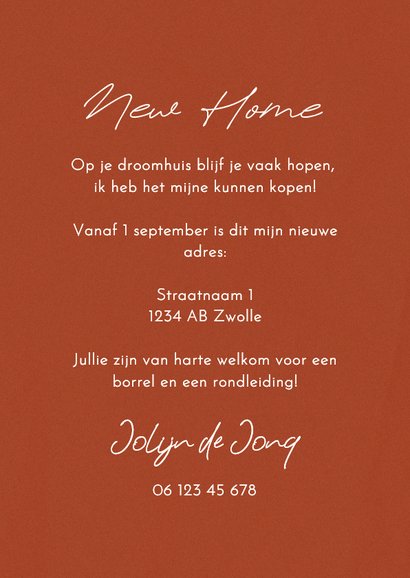 Verhuiskaartje roestbruin lijntekening hand sleutels 3