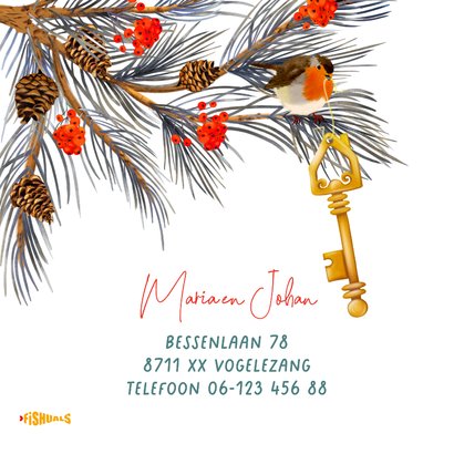 Verhuis(kerst)kaart roodborstje en gouden sleutel 2
