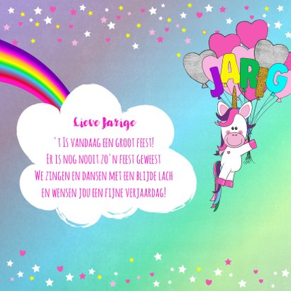Verjaardag hippe vrolijke felicitatie unicorn met ballonnen 2