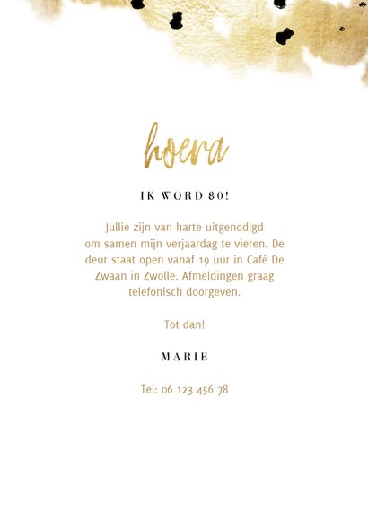 Verjaardag uitnodiging 3 foto's goud en confetti 3
