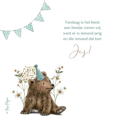 Verjaardagkaart kind met beer en vogeltje met feesthoedje 2