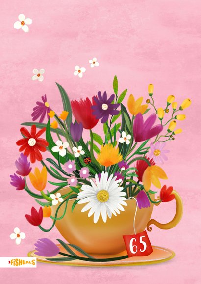 Verjaardagkaart met bloemen in theekopje 2
