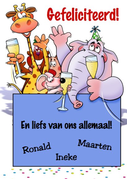 Verjaardagkaart met grappige dieren met glazen champagne 3