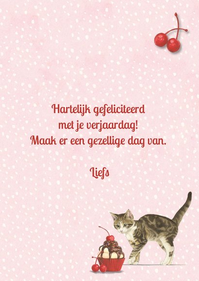 Verjaardagkaart met kitten en kersen cupcake 3