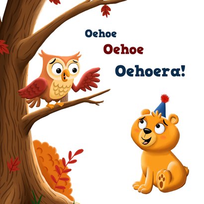 Verjaardagkaart uil en lief beertje in een bos 2