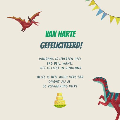 Verjaardagskaart 3 jaar dinosaurus en taart en ballonnen 3
