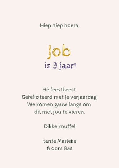 Verjaardagskaart - 3 jaar feestdieren 3