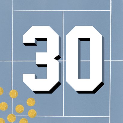 Verjaardagskaart 30 jaar man blauw tennis veld en ballen 2