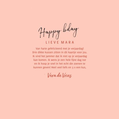 Verjaardagskaart 3x een kus, confetti en happy bday op roze 3