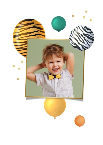 Verjaardagskaart 4 jaar fotocollage jungle ballonnen 2