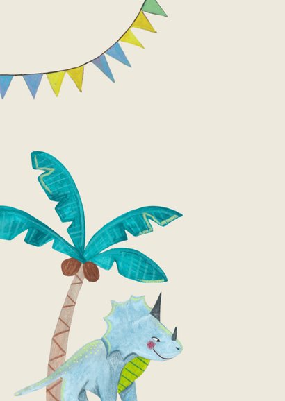 Verjaardagskaart 5 jaar dinosaurus en taart en ballonnen 2