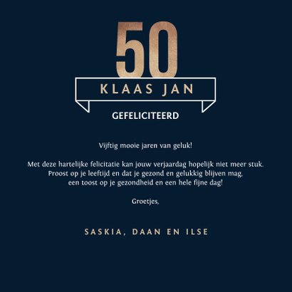 Verjaardagskaart 50 jaar goud stijlvol man blauw 3