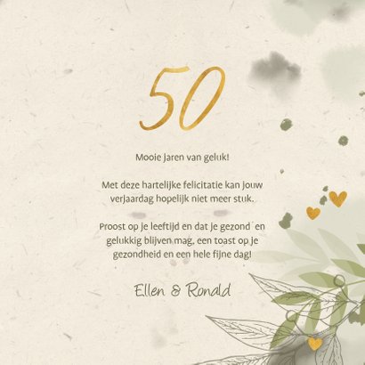 Verjaardagskaart '50' met foto, takjes en hartjes 3