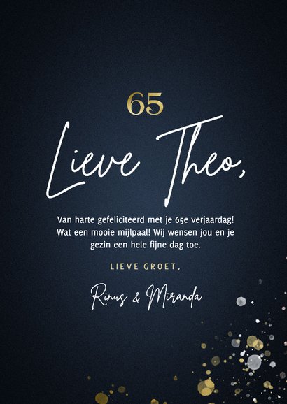 Verjaardagskaart 65 blauw met foto en spetters 3
