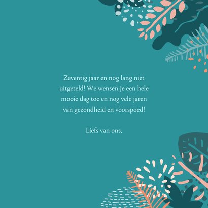 Verjaardagskaart 70 jaar typografie en tropische bladeren 3