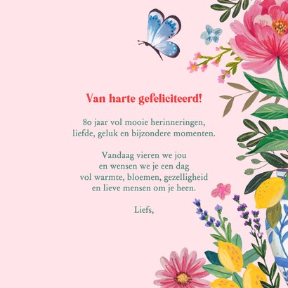 Verjaardagskaart 80 jaar bloemen vlinders citroenen  3