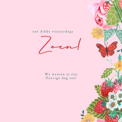 Verjaardagskaart aardbeien bloemen vlinder 3