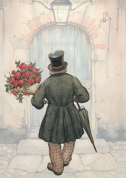 Verjaardagskaart Anton Pieck man met bos rozen 2