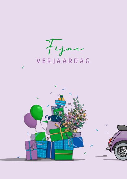 Verjaardagskaart auto lila met kado 3
