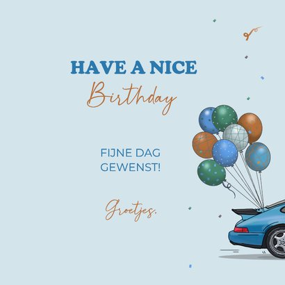 Verjaardagskaart auto sportauto blauw met ballonnen 3