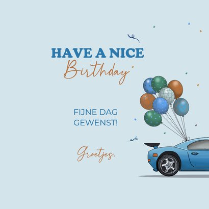 Verjaardagskaart auto sportauto blauw met ballonnen 3