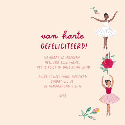 Verjaardagskaart ballerina meisje 3 jaar bloemen feest 3