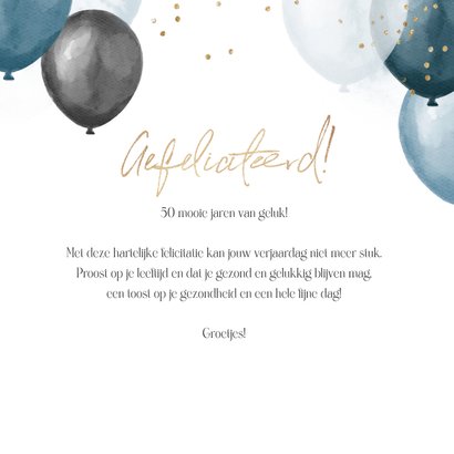 Verjaardagskaart ballonnen confetti blauw goud gefeliciteerd 3