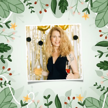 Verjaardagskaart blaadjes, bloemetjes en vlindertje 2