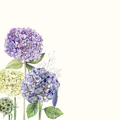 Verjaardagskaart blauwe en witte hortensia's 2