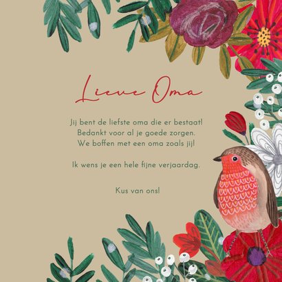 Verjaardagskaart bloemen en vogel en hartjes met foto hart 3