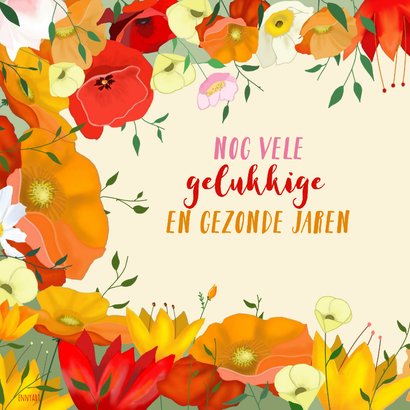 Verjaardagskaart bloemenrand met vogeltje 2