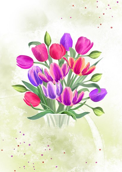 Verjaardagskaart boeket rood-paarse tulpen 2