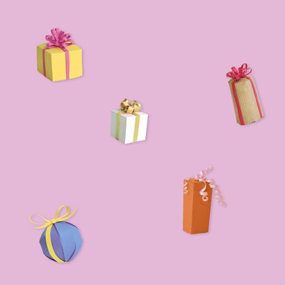 Verjaardagskaart cadeautjes lila 2
