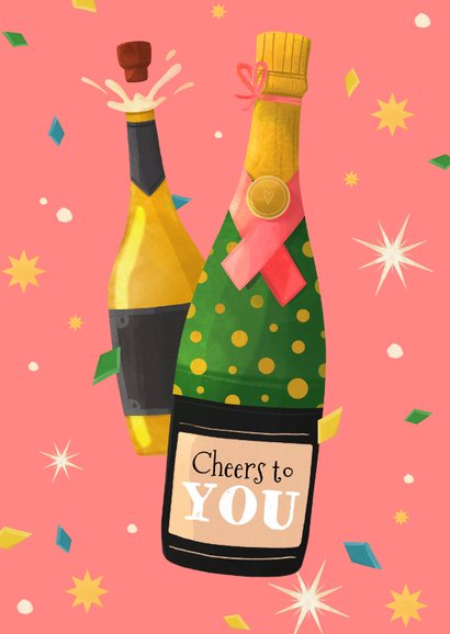 Verjaardagskaart champagne confetti sterren cheers 2